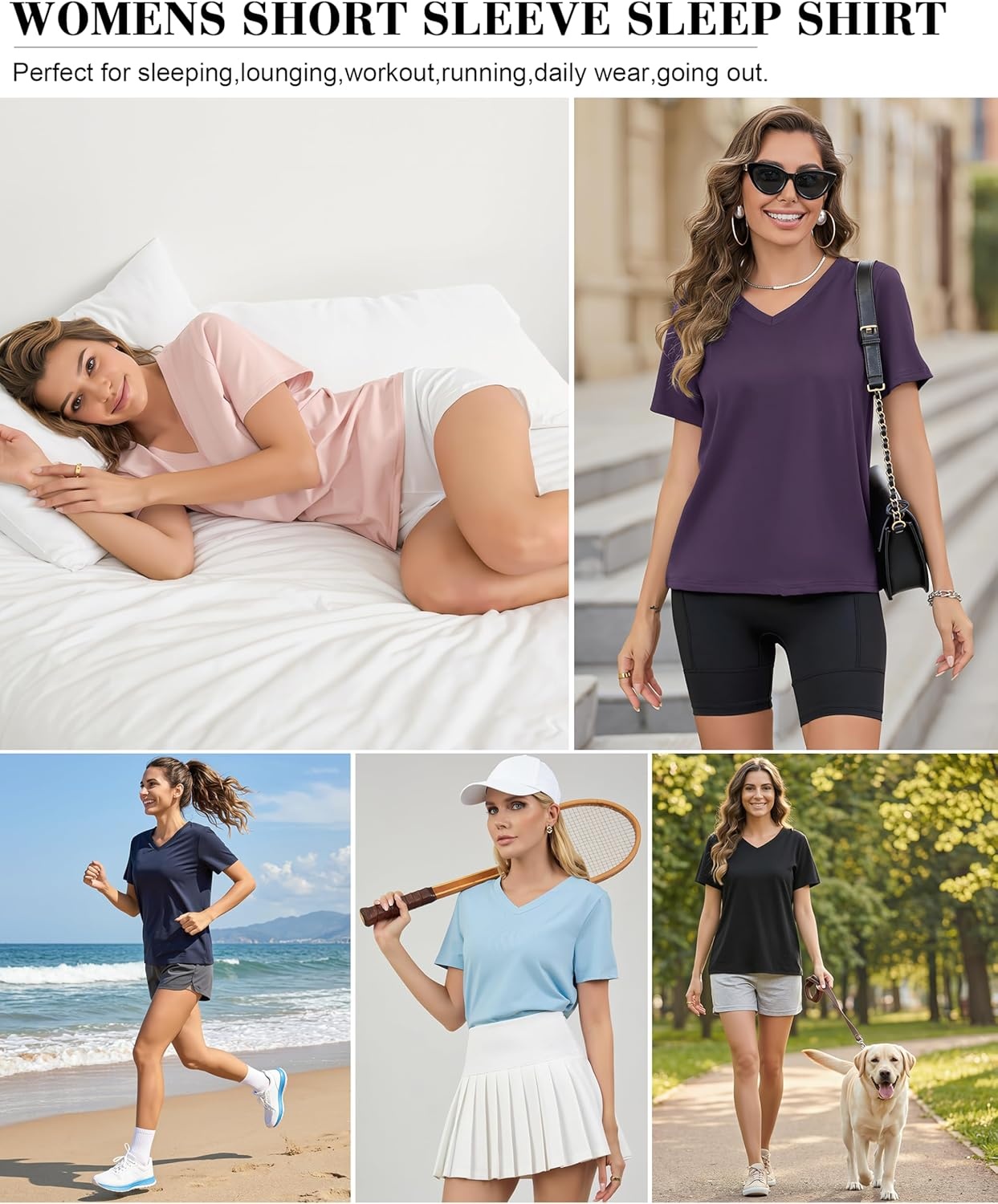 imageLovasy Womens Pajama Tops Short Sleeve VNeck Sleep Shirt Soft Casual TShirt Sleepwear Blouse S3XLLight Blue