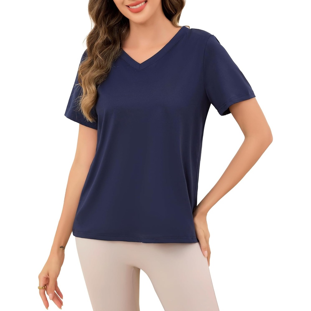 imageLovasy Womens Pajama Tops Short Sleeve VNeck Sleep Shirt Soft Casual TShirt Sleepwear Blouse S3XLNavy Blue