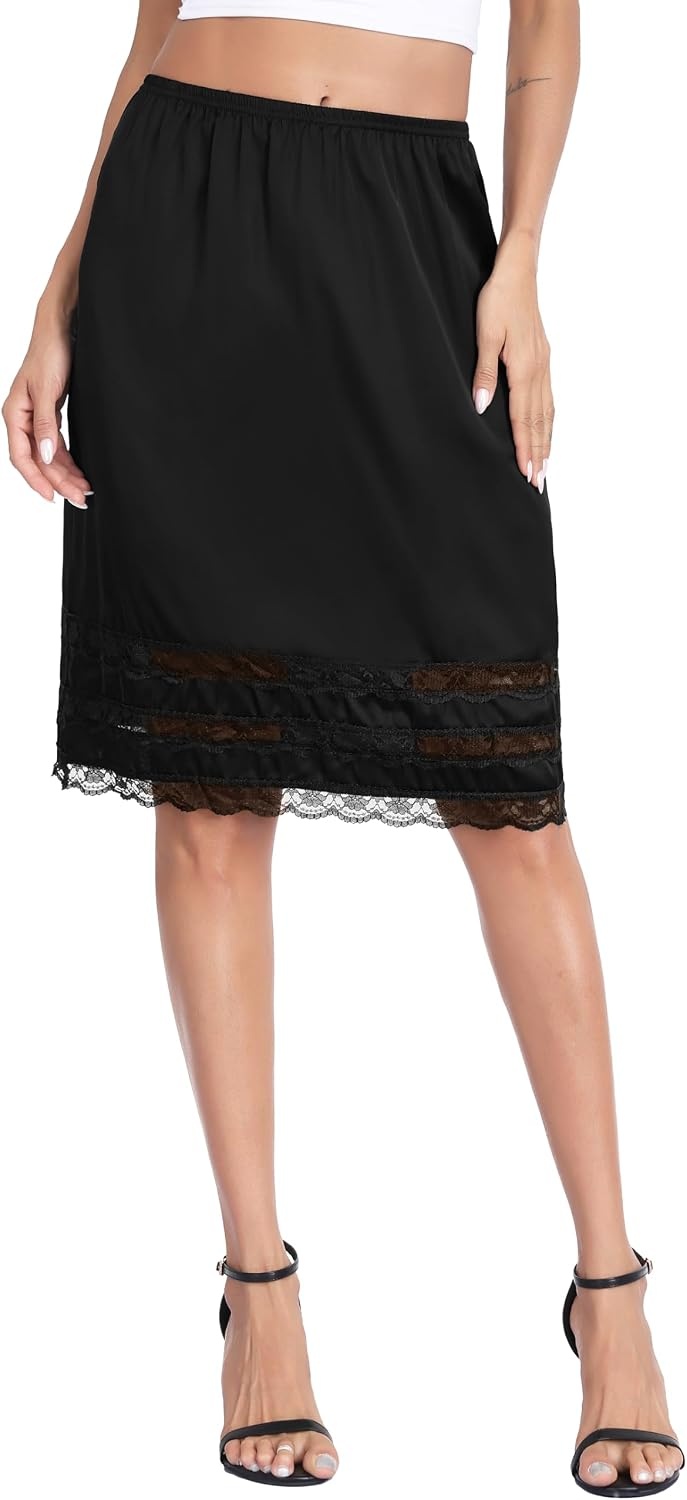 image:imageLovasy Half Slips for Women Under Dresses Satin Slip Skirt Lace Long Anti Static Underskirt S3XLBlack