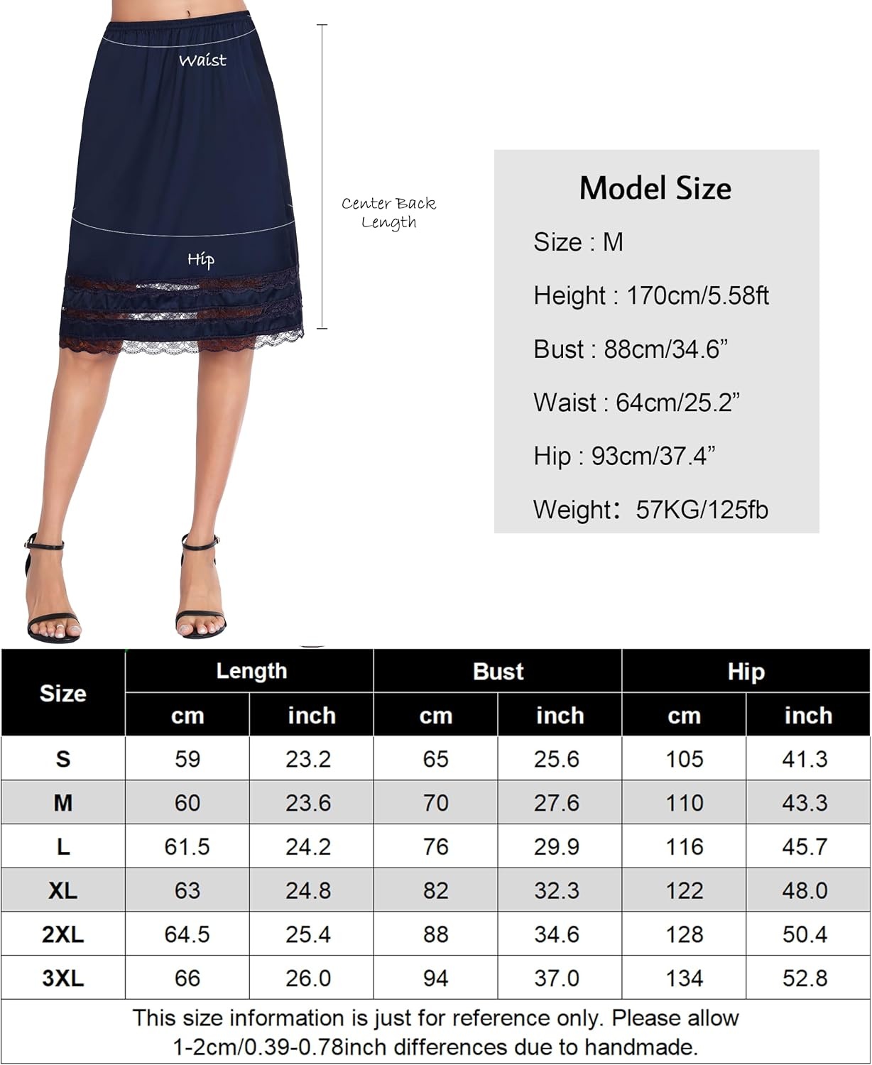 image:imageLovasy Half Slips for Women Under Dresses Satin Slip Skirt Lace Long Anti Static Underskirt S3XLNavy Blue