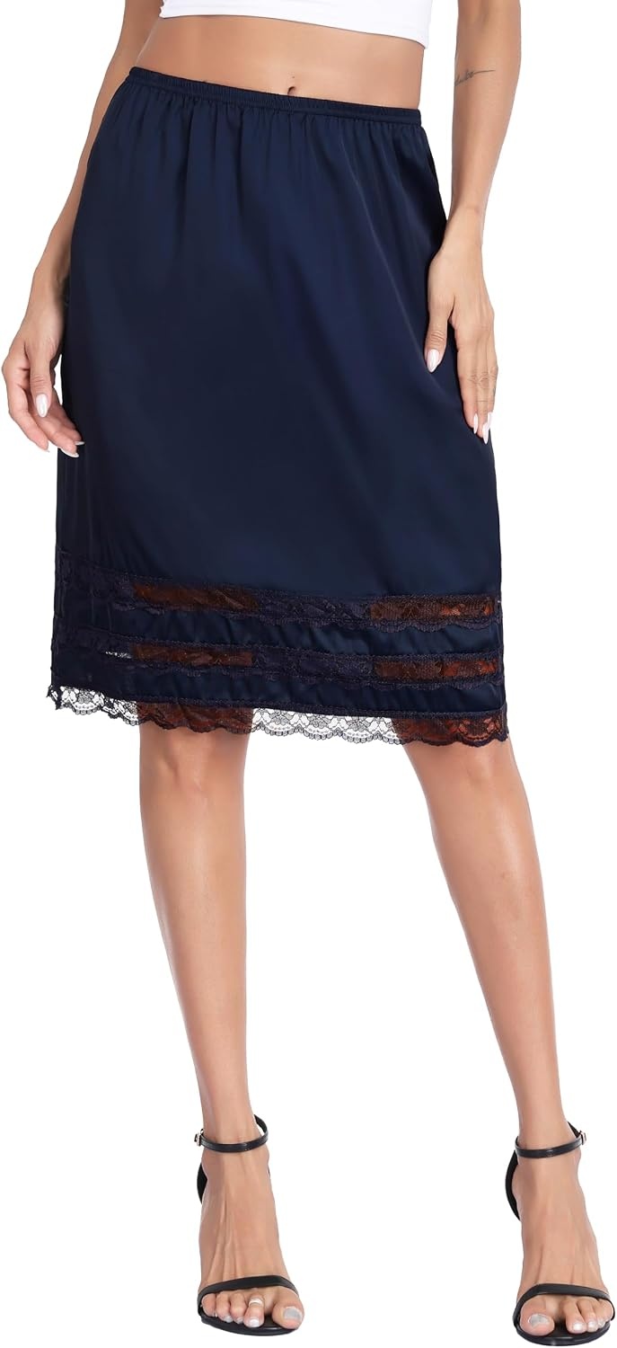 image:imageLovasy Half Slips for Women Under Dresses Satin Slip Skirt Lace Long Anti Static Underskirt S3XLNavy Blue