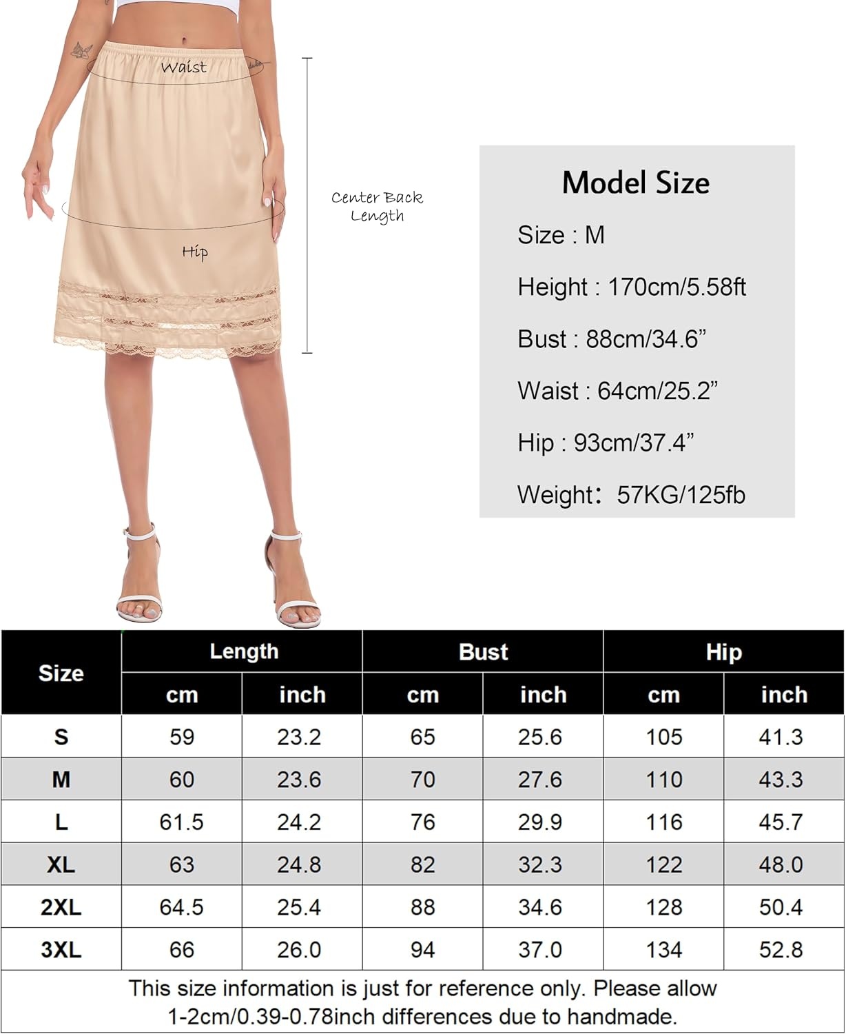 image:imageLovasy Half Slips for Women Under Dresses Satin Slip Skirt Lace Long Anti Static Underskirt S3XLNude