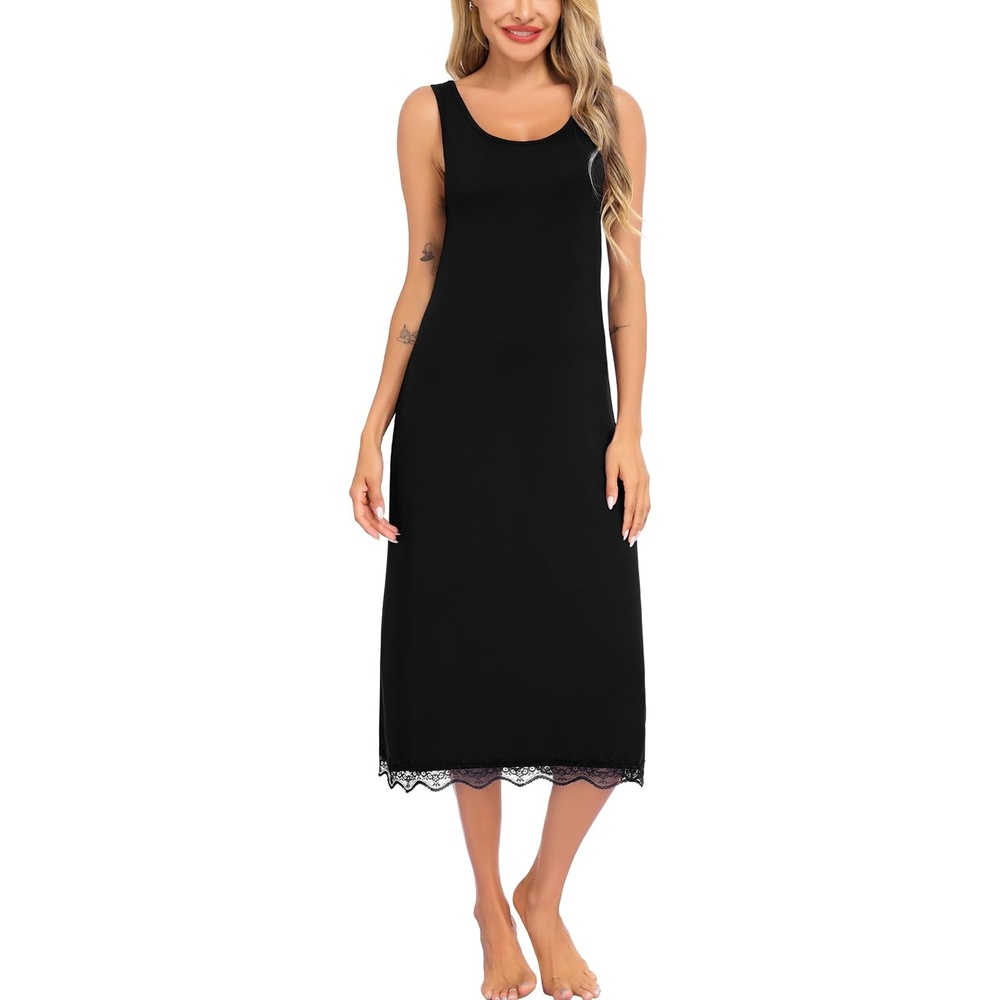 image:imageLovasy Full Slip for Women Under Dress Wide Straps Long Slips Dresses Lace Sleeveless Tank Nightgown Sleepwear S3XLBlack