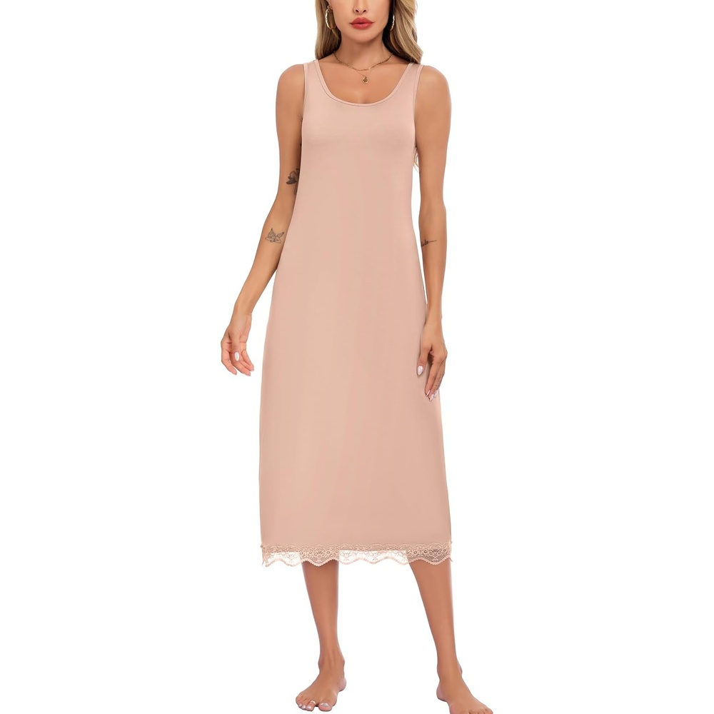 image:imageLovasy Full Slip for Women Under Dress Wide Straps Long Slips Dresses Lace Sleeveless Tank Nightgown Sleepwear S3XLCamel