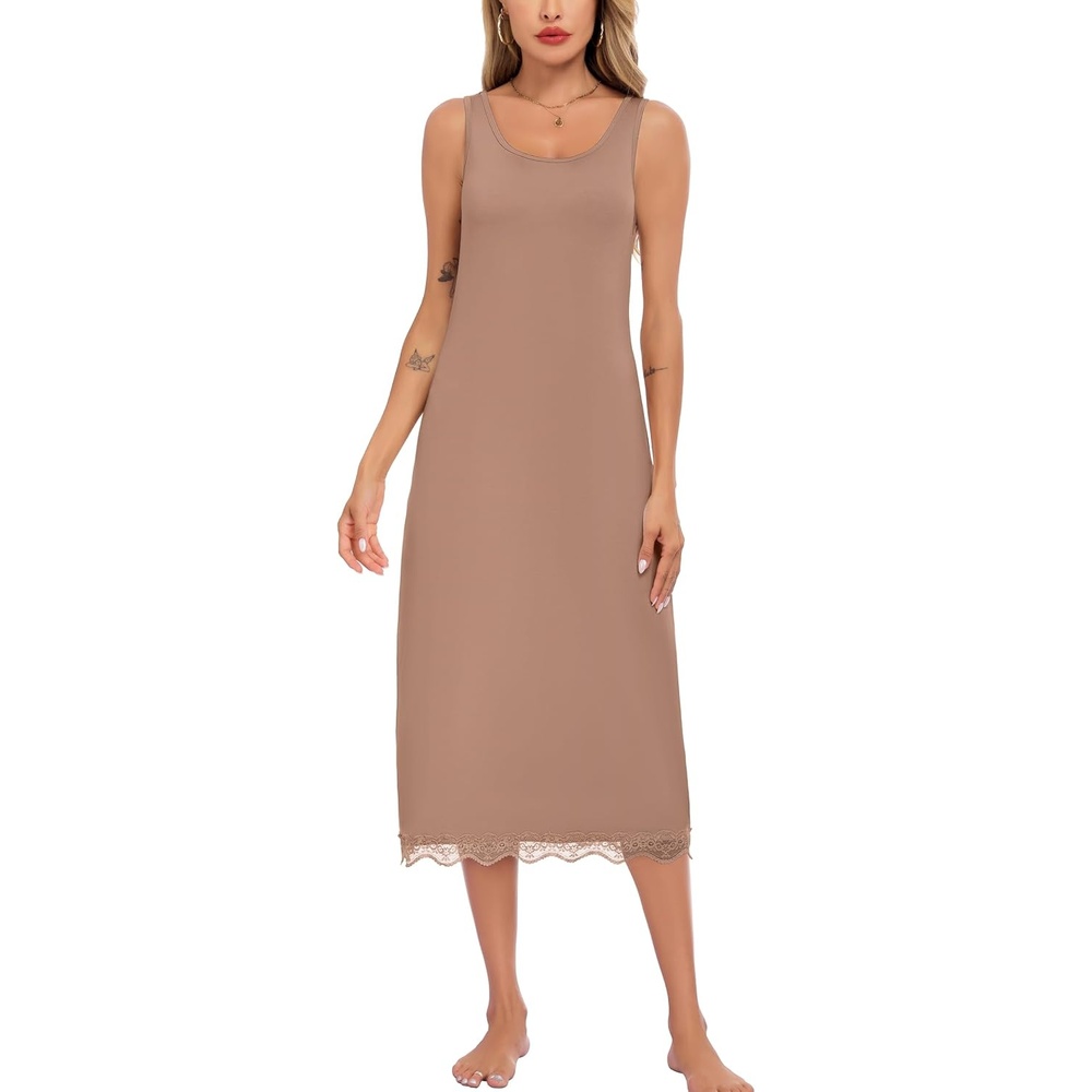 image:imageLovasy Full Slip for Women Under Dress Wide Straps Long Slips Dresses Lace Sleeveless Tank Nightgown Sleepwear S3XLCoffee