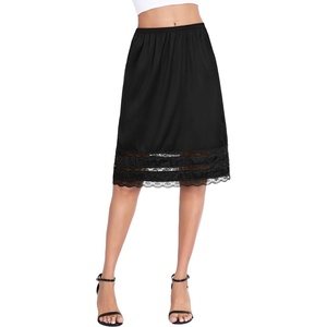 Lovasy Half Slips for Women Under Dresses Satin Slip Skirt Lace Long Anti Static Underskirt S-3XL(Black)