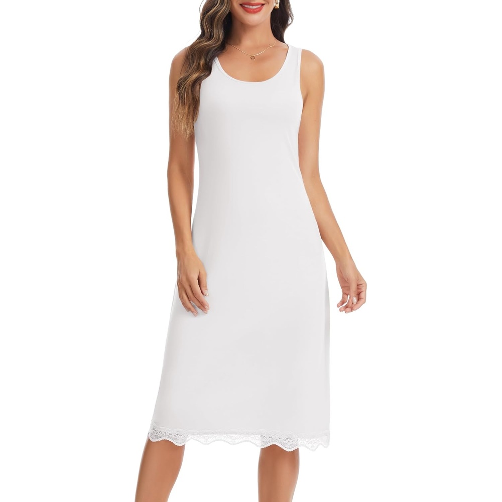 image:imageLovasy Womens Full Slips Long Tank Tops Slip Dress with Lace Trim S3XL Basic Wide Straps Slip for Women Under DressesSleeveless NightgownModal FabricSoftAntistaticLightweightBreathableWhite