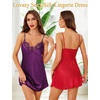 Lovasy 2 Pack Silk Nightgown for Women Lingerie S-XXL | Satin Nightgown,Sexy Lace V Neck Lingerie Dress,Adjustable Straps Slips,Cami Sleepwear,Mini Dresses(Dark Purple & Red)