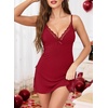Lovasy Sexy Lingerie for Women Lace V Neck Babydoll Dress S-XXL | Side Slits Sexy Babydoll Lingerie,Adjustable Straps Nightgown,Cami Slip Dress,Chemise,Cosplay Party,Date Night Outfit(Wine Red)