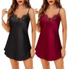Lovasy 2 Pack Silk Nightgown for Women Lingerie S-XXL | Satin Nightgown,Sexy Lace V Neck Lingerie Dress,Adjustable Straps Slips,Cami Sleepwear,Mini Dresses(Black & Purplish Red)