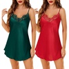 Lovasy 2 Pack Silk Nightgown for Women Lingerie S-XXL | Satin Nightgown,Sexy Lace V Neck Lingerie Dress,Adjustable Straps Slips,Cami Sleepwear,Mini Dresses(Dark Green & Red)