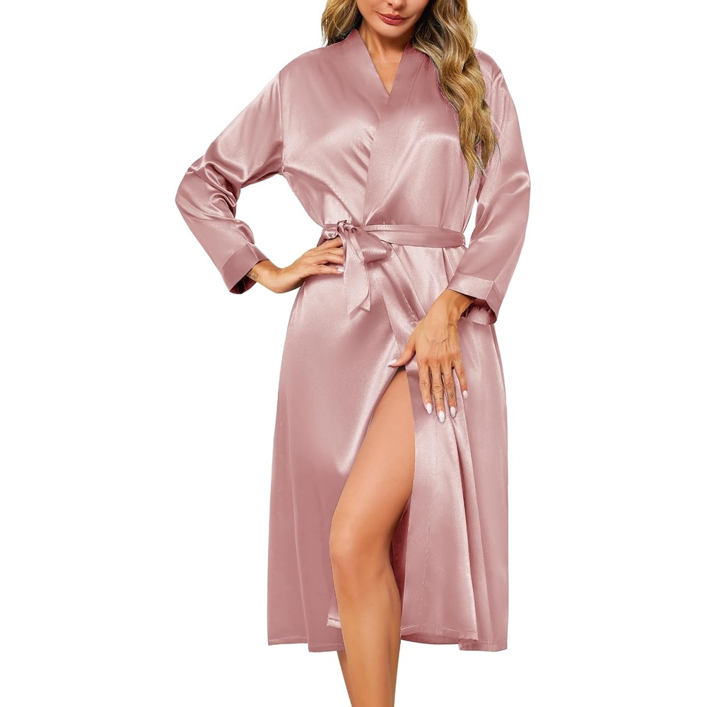 image:imageLovasy Womens Silk Robe Satin Long Bride Robes with Pockets Silky Kimono BathrobeLightweightLong SleeveBridesmaid Bridal RobeSleepwearPink
