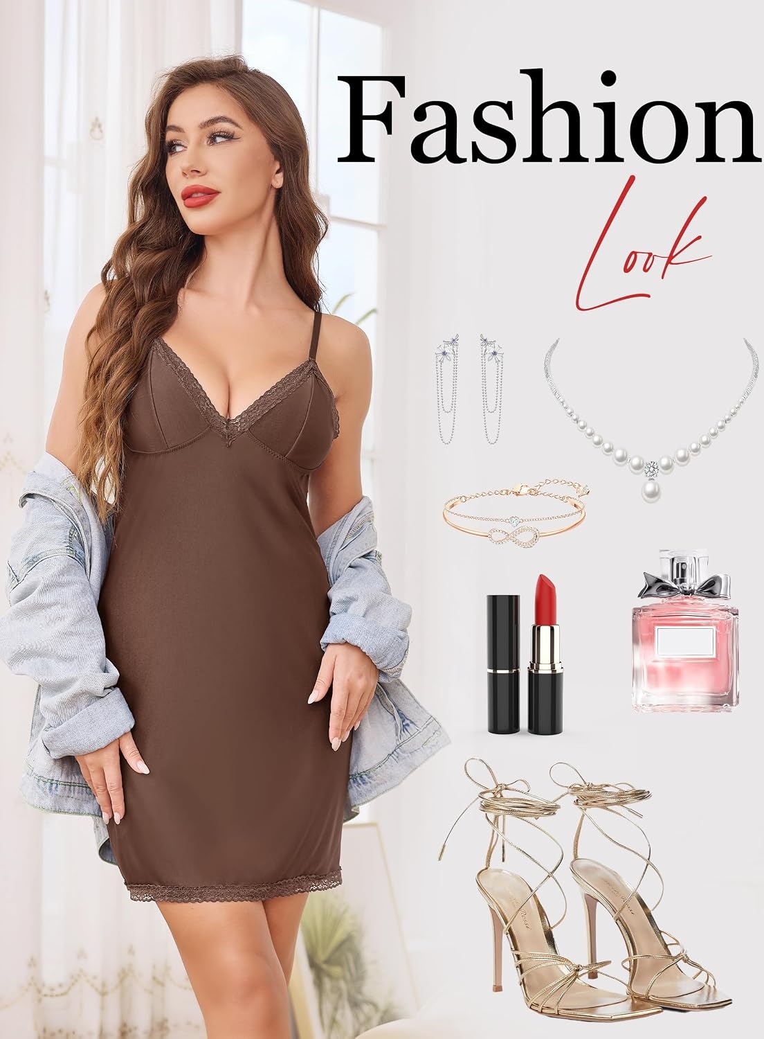 image:imageLovasy Womens Sexy Slip Nightgown V Neck Slips Dress S3XLCoffee