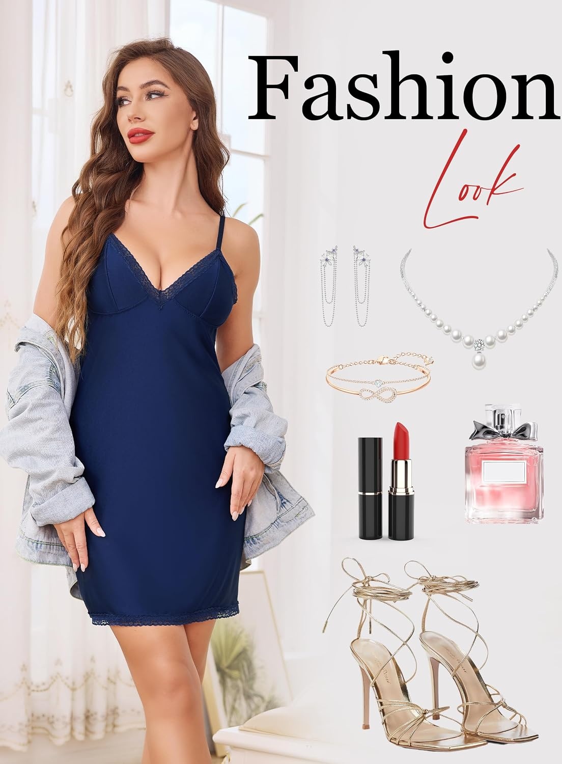 image:imageLovasy Womens Sexy Slip Nightgown V Neck Slips Dress S3XLNavy Blue