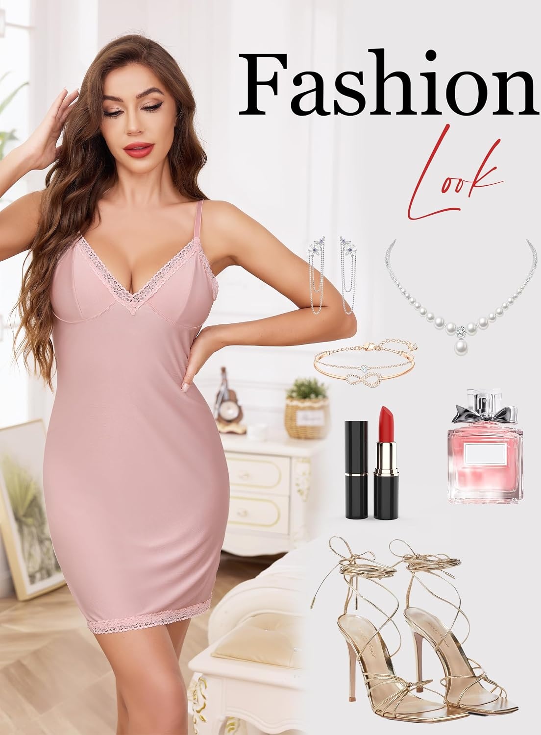 image:imageLovasy Womens Sexy Slip Nightgown V Neck Slips Dress S3XLRose Pink