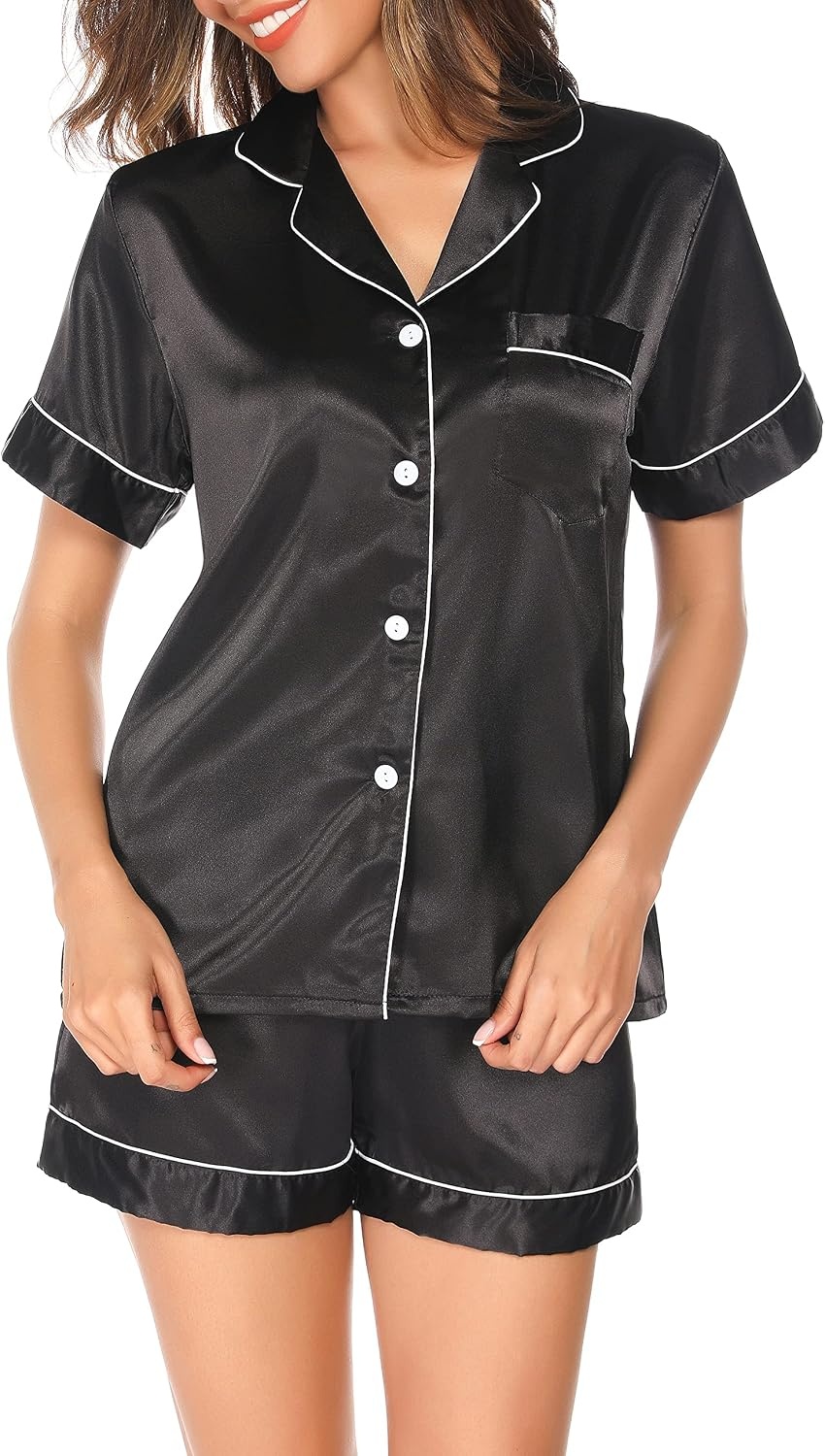 image:imageLovasy 2 Piece Silk Pajamas for Women Set S2XLBlack