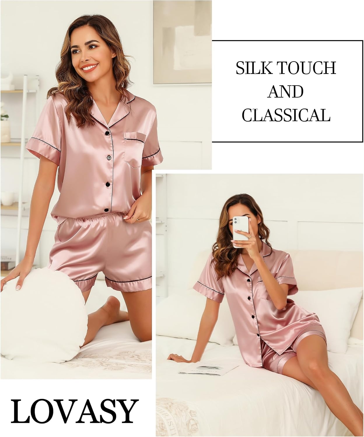 image:imageLovasy 2 Piece Silk Pajamas for Women Set S2XLDeep Pink
