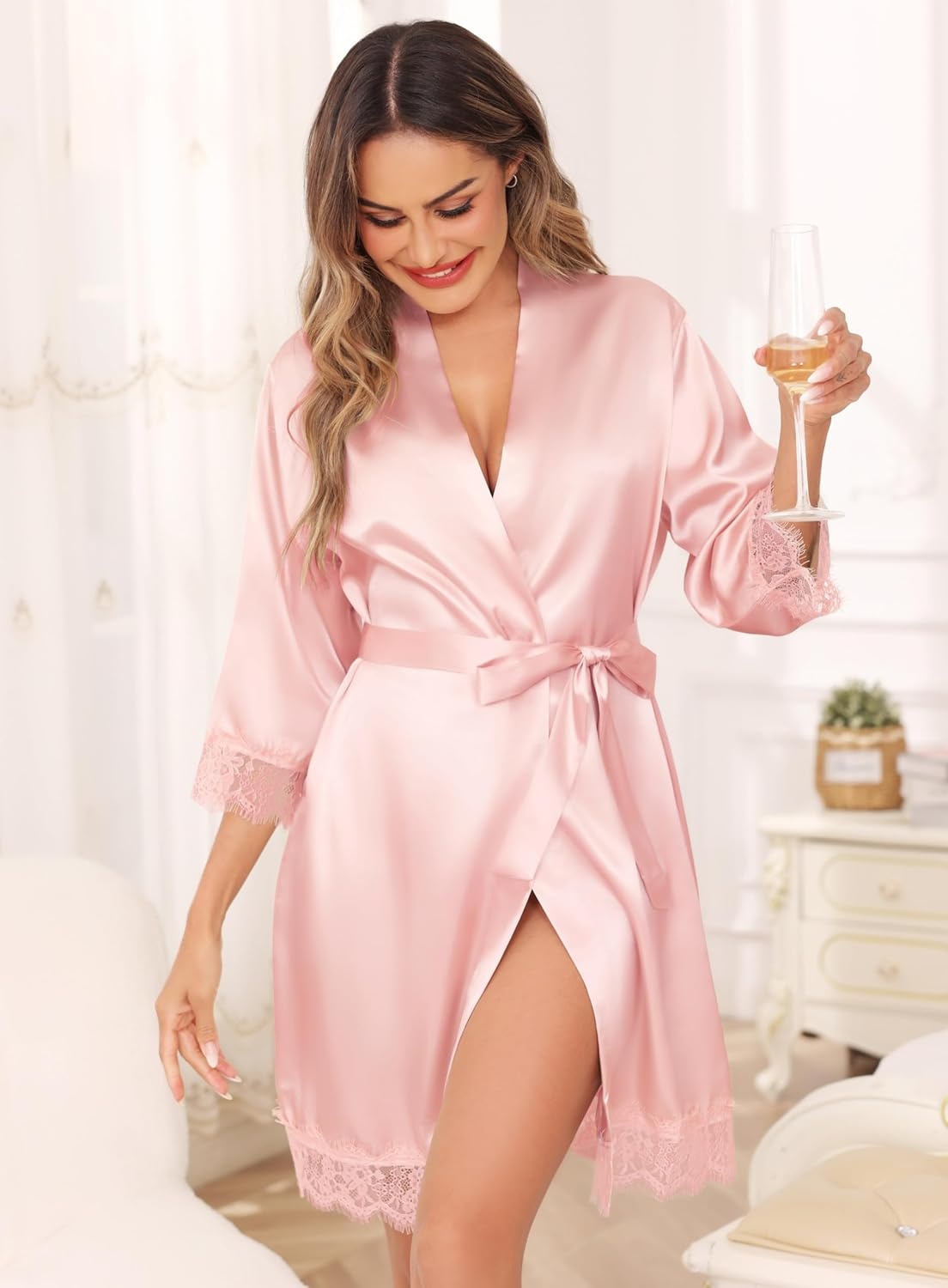 image:imageLovasy Satin Robe for Women 34 Sleeve Silky Kimono Bathrobe SXXLDusky Rose