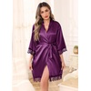 Lovasy Satin Robe for Women 3/4 Sleeve Silky Kimono Bathrobe S-XXL(Dark Purple)