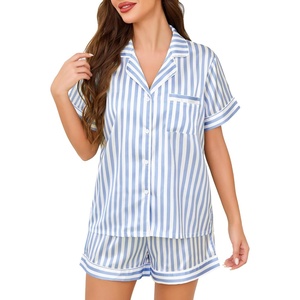 Lovasy 2 Piece Silk Pajamas for Women Set S-2XL(Stripes-blue)