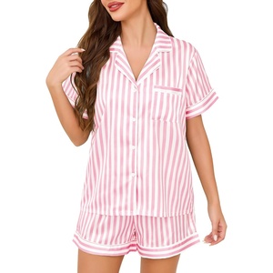 Lovasy 2 Piece Silk Pajamas for Women Set S-2XL(Stripes-pink)