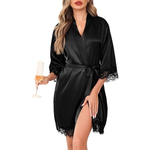 Lovasy Satin Robe for Women 3/4 Sleeve Silky Kimono Bathrobe S-XXL(Black)