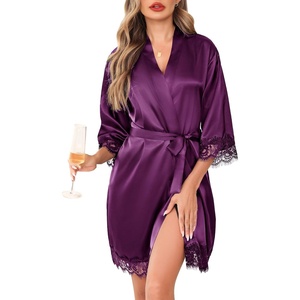 Lovasy Satin Robe for Women 3/4 Sleeve Silky Kimono Bathrobe S-XXL(Dark Purple)