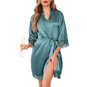 Lovasy Satin Robe for Women 3/4 Sleeve Silky Kimono Bathrobe S-XXL(Gray Green)