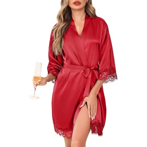 Lovasy Satin Robe for Women 3/4 Sleeve Silky Kimono Bathrobe S-XXL(Wine Red)