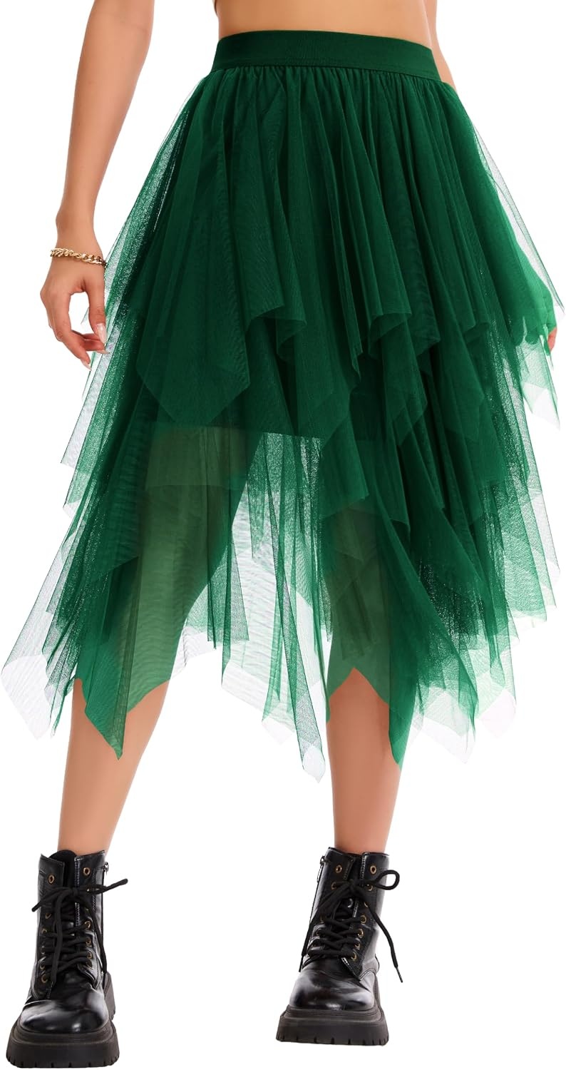 image:imageLovasy Women Irregular Layered Tulle Fairy Skirt S3XLDark Green