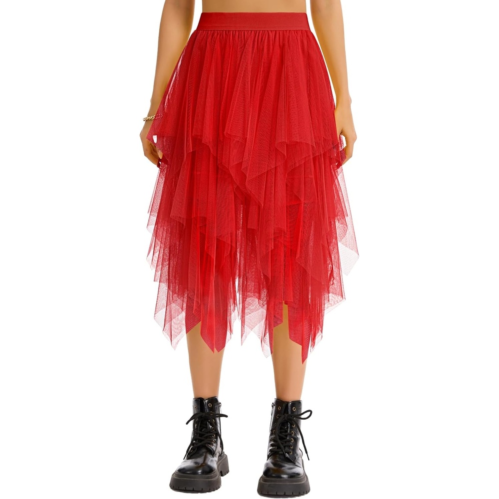 image:imageLovasy Women Irregular Layered Tulle Fairy Skirt S3XLRed