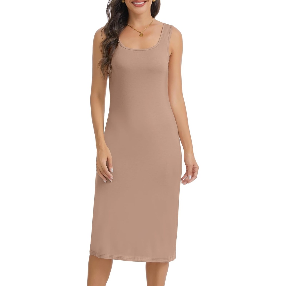 image:imageLovasy Womens Full Slip Square Collar Basic Soft Under Dress S3XLCoffee
