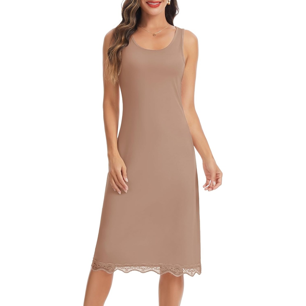 image:imageLovasy Womens Full Slips Long Tank Tops Slip Dress with Lace Trim S3XLCoffee