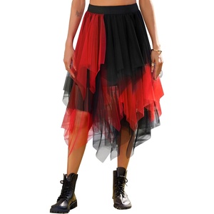 Lovasy Women Irregular Layered Tulle Fairy Skirt S-3XL(Black/Red)