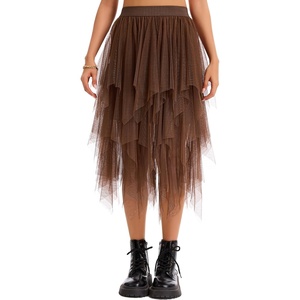 Lovasy Women Irregular Layered Tulle Fairy Skirt S-3XL(Dark Brown)