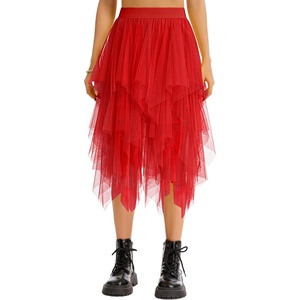 Lovasy Women Irregular Layered Tulle Fairy Skirt S-3XL(Red)