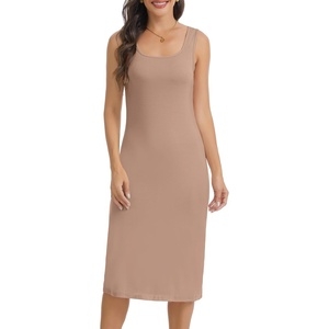 Lovasy Womens Full Slip Square Collar Basic Soft Under Dress S-3XL(Coffee)