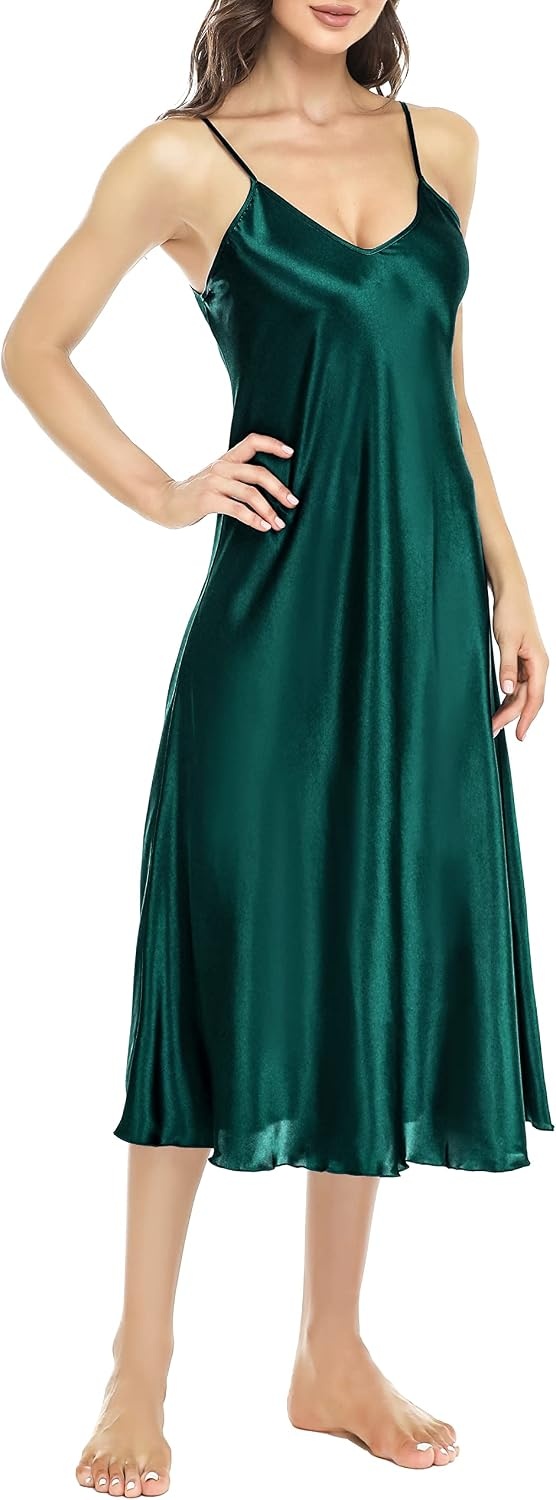 image:imageLovasy Women Satin Nightgown Sexy Long Lingerie Dress SXXLDark Green