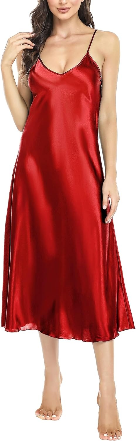 image:imageLovasy Women Satin Nightgown Sexy Long Lingerie Dress SXXLRed