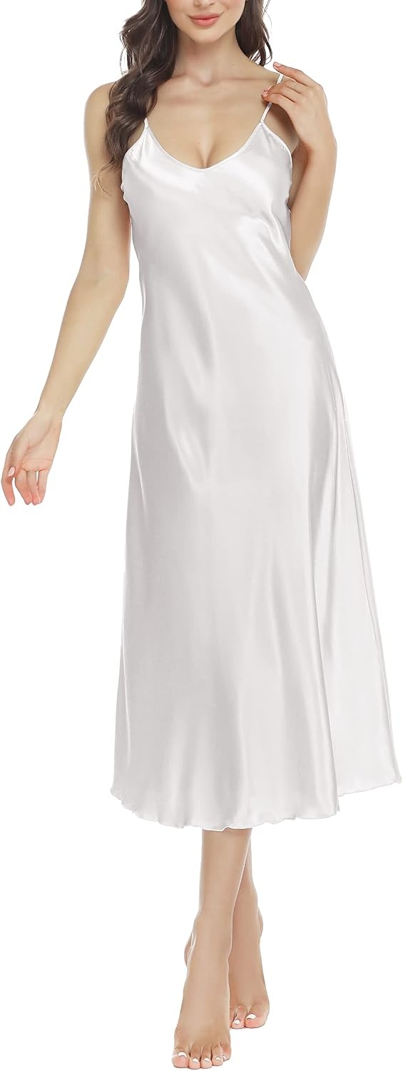 image:imageLovasy Women Satin Nightgown Sexy Long Lingerie Dress SXXLWhite