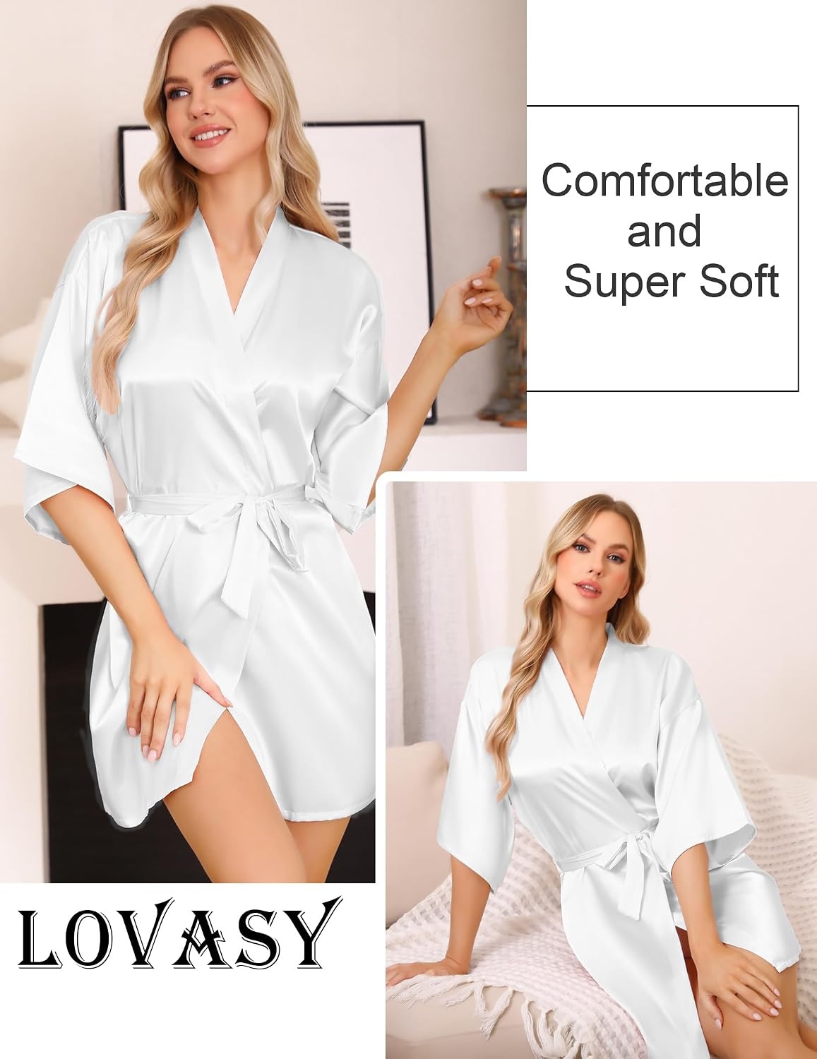 image:imageLovasy Womens Satin Robes Silky Short Robe Sleepwear SXXLWhite