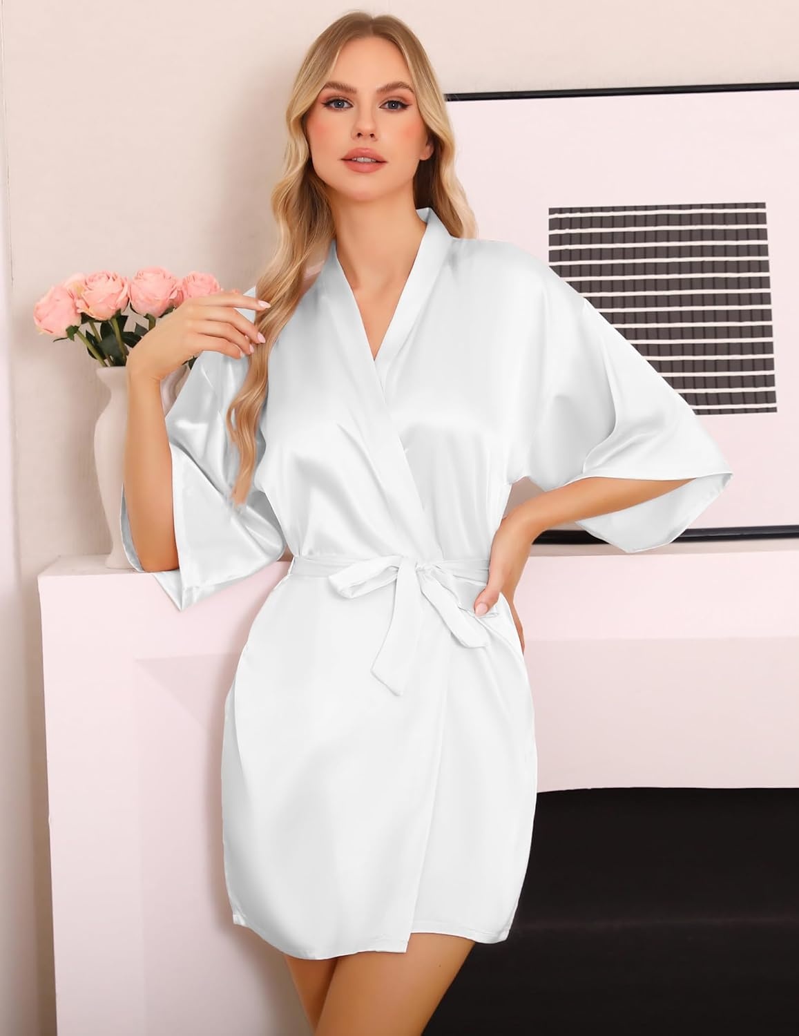 image:imageLovasy Womens Satin Robes Silky Short Robe Sleepwear SXXLWhite