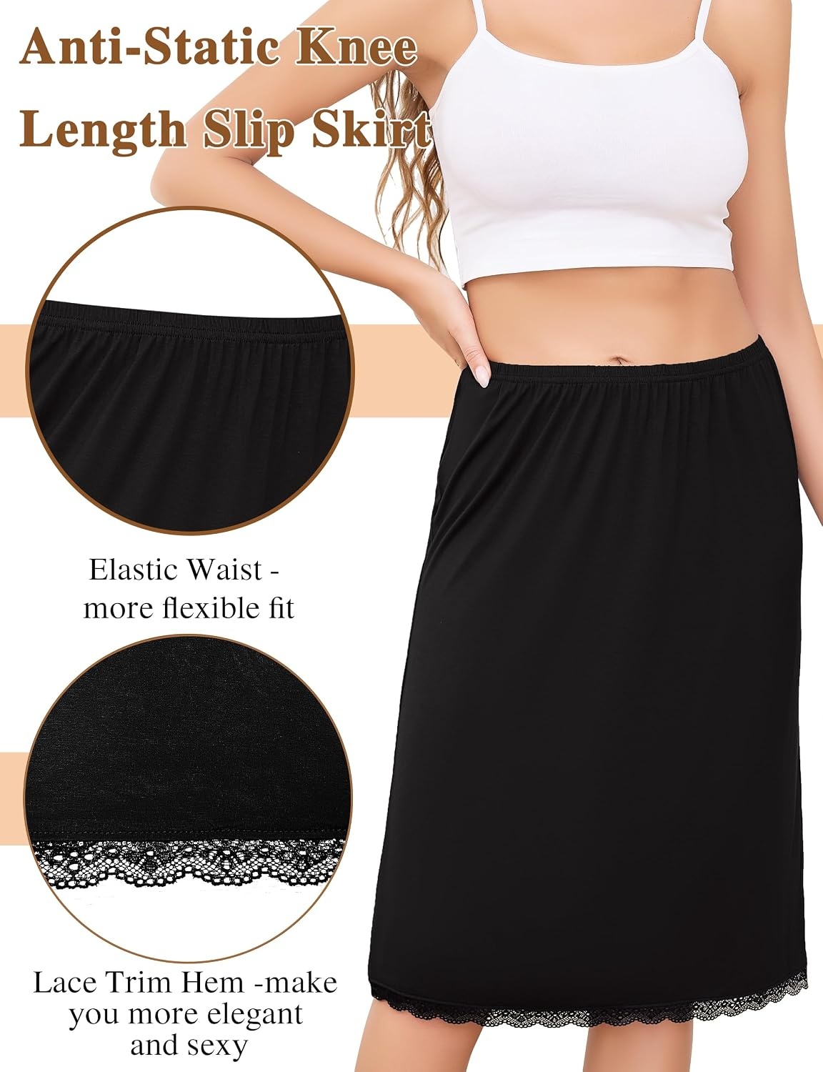 image:imageLovasy Women 2 Pieces Half Slip Lace Long Underskirt S3XLBlack Camel