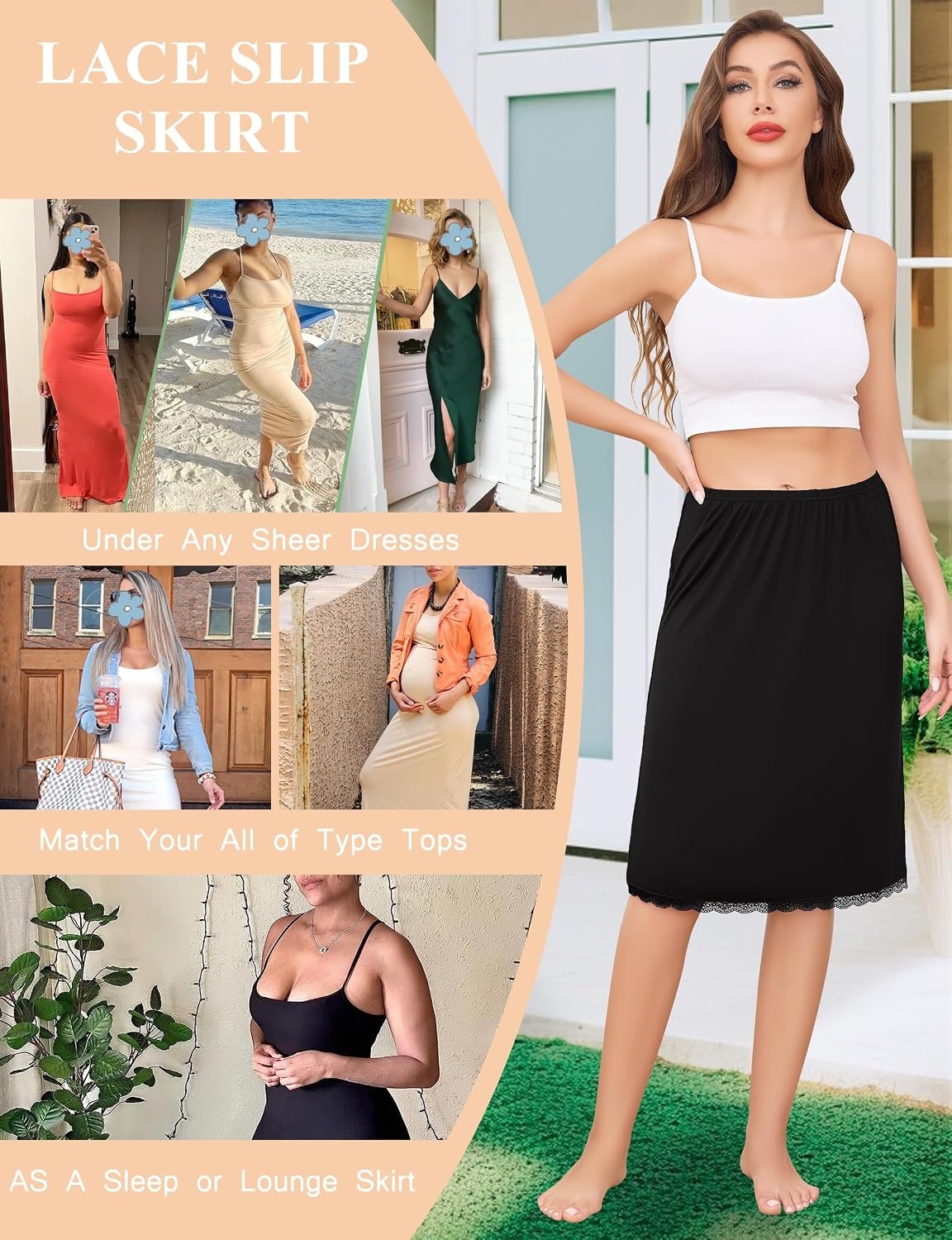image:imageLovasy Women 2 Pieces Half Slip Lace Long Underskirt S3XLBlack Camel